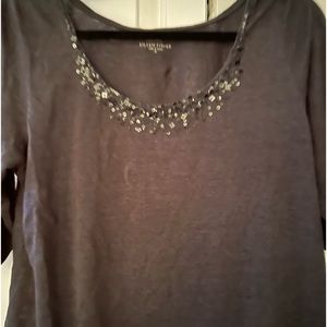 Eileen fisher linen charcoal gray long embellished top med NWT